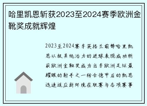 哈里凯恩斩获2023至2024赛季欧洲金靴奖成就辉煌 哈里凯恩斩获2023至2024赛季欧洲金靴奖成就辉煌